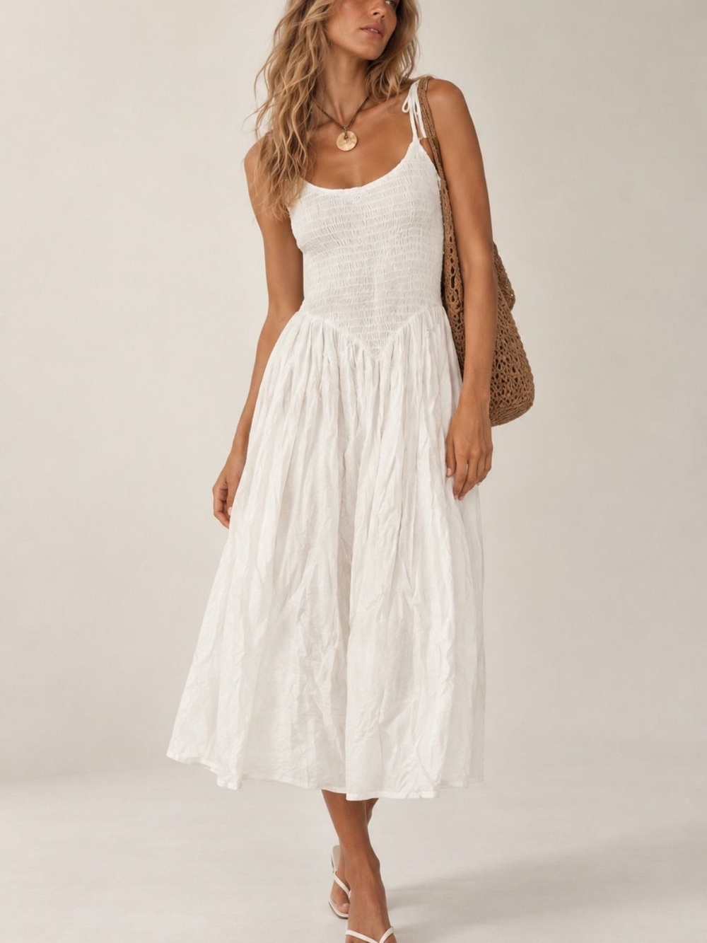 Trixxi White Smocked Bodice Midi Dress with Tie Straps